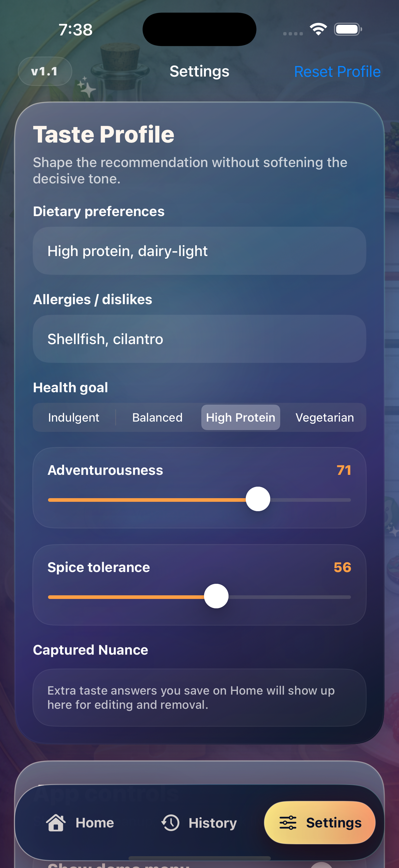 OrderThis settings screen with taste profile fields and sliders